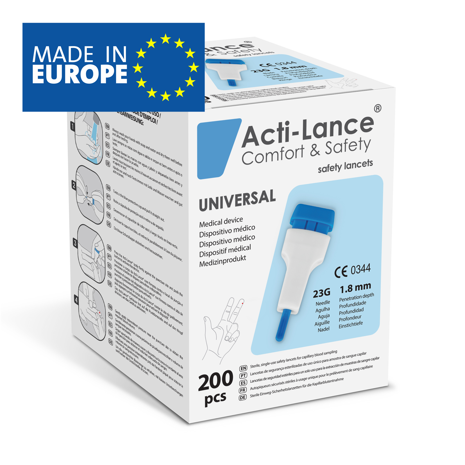 Acti-Lance Universal Ланцети безпечні стерильні одноразового використання, Голка 23G, Глибина проникнення 1,8 мм, HTL STREFA, Польща.